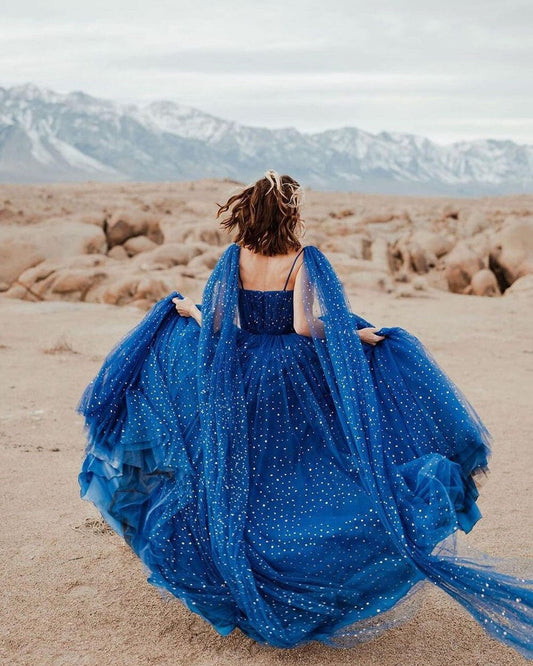 Glitter Tulle Long Spaghetti Straps Sweetheart Evening Gowns Formal Party Dress With Ribbons