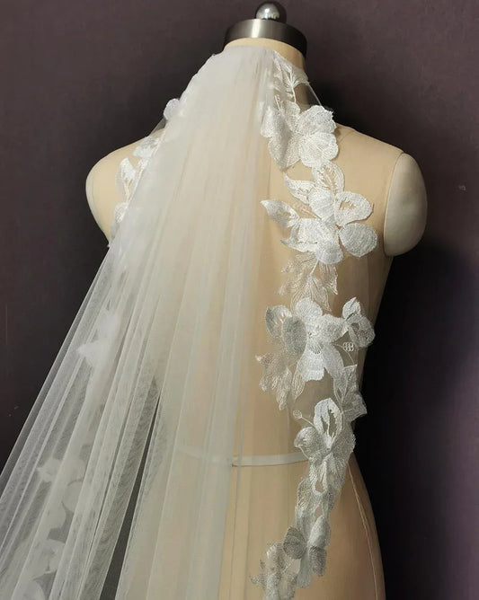 Beautiful Flower Lace Wedding Veil Soft Tulle Cathedral Ivory Bridal Veil with Comb - SpyTrendz