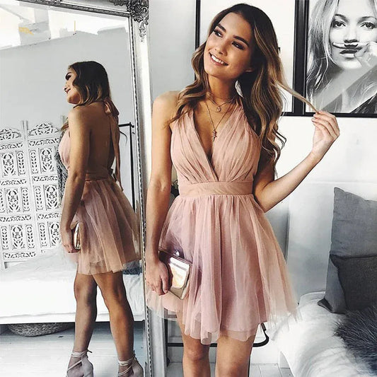 Homecoming Dress Tulle A Line Halter Backless Short Dress - SpyTrendz