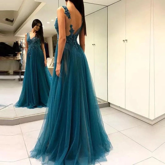 Tulle Evening Dresses | Side Slit A-Line V-Neck Appliques Beads Pleat Party Gown - SpyTrendz