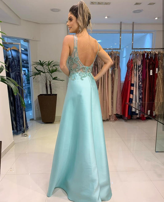 Evening Dress Mint Green Crystal Beaded Spaghetti Strap A Line Satin Backless Sleeveless Gown