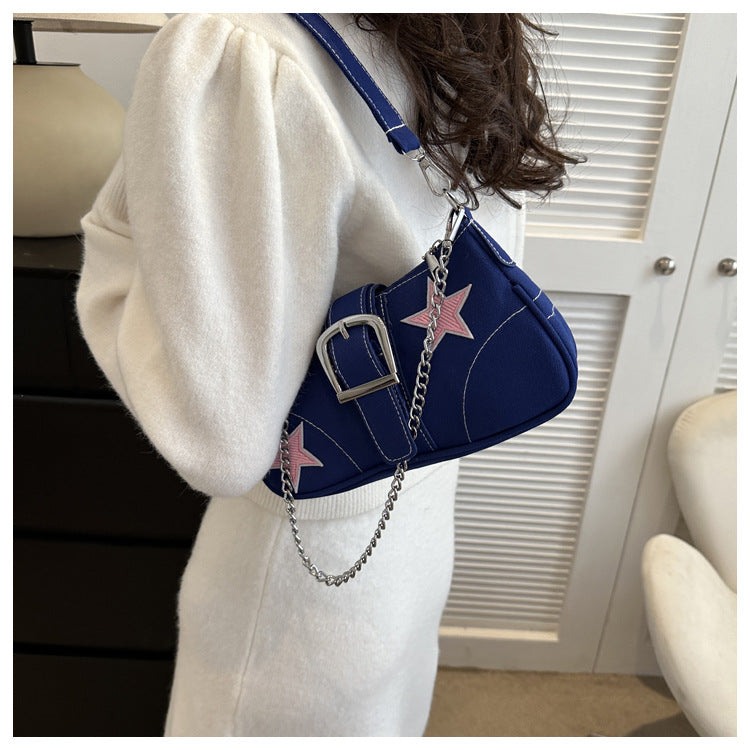 Y2K Fashion Women’s Shoulder Bag – Trendy Star Pattern Canvas Underarm Bag with Chain Strap, Cute Mini Tote Purse for Girls