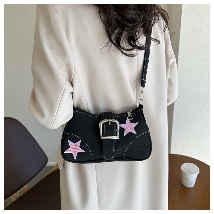 Y2K Fashion Women’s Shoulder Bag – Trendy Star Pattern Canvas Underarm Bag with Chain Strap, Cute Mini Tote Purse for Girls