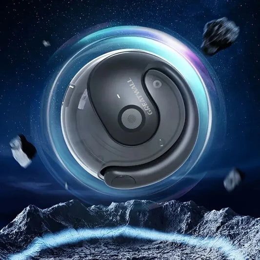 Cordless robotic vacuum cleaner with sleek black design, floating in a cosmic background.