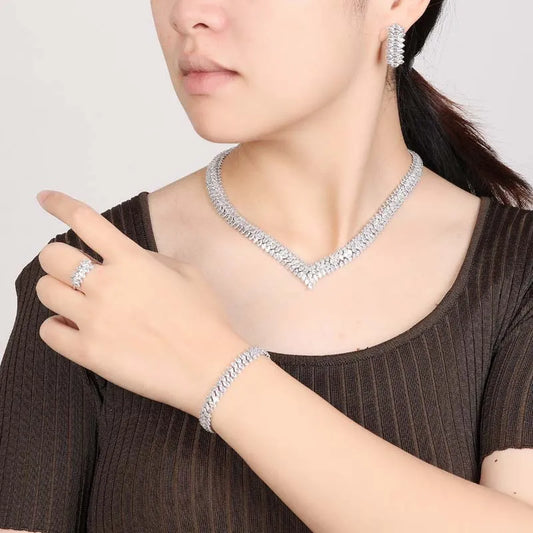 Luxury Bridal Jewelry Set for Women – Cubic Zirconia Necklace, Bracelet, Earrings & Ring | Wedding & Party Accessories