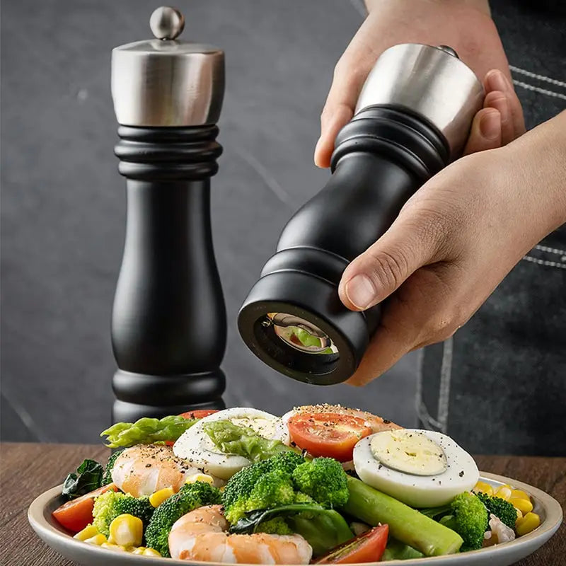 Manual Wooden Pepper Grinder – Adjustable Ceramic Salt and Pepper Mill with Stainless Steel Cap, Refillable Spice Grinder for Kitchen and Dining
