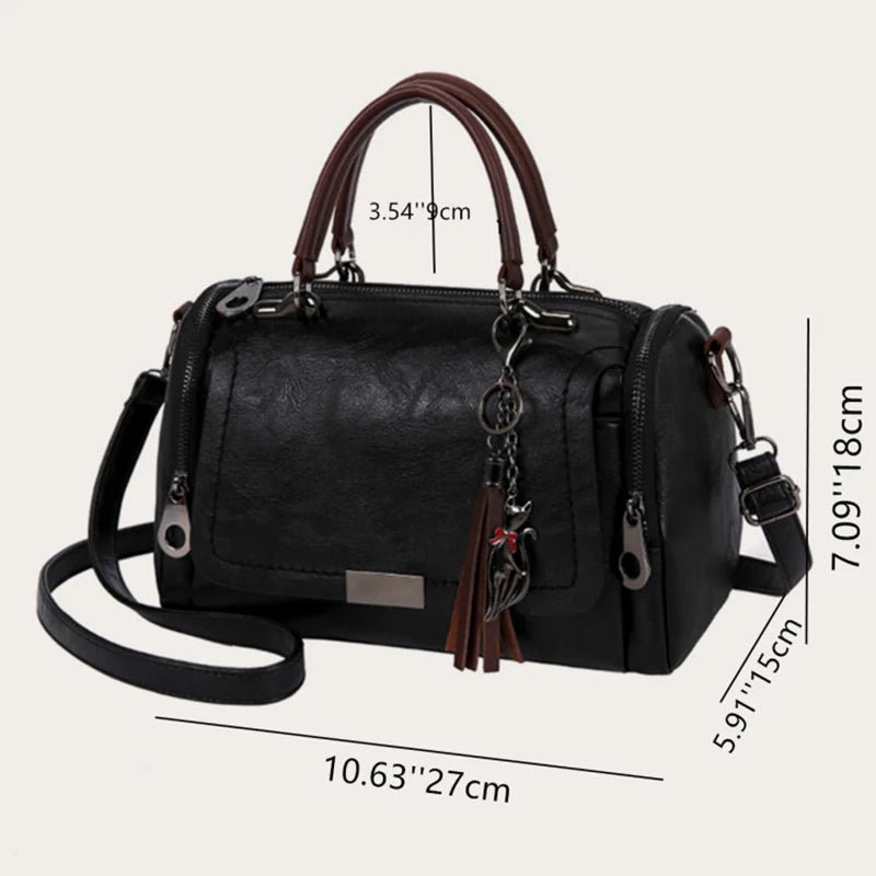 Tassel Decor Women’s Large Capacity PU Leather Shoulder & Crossbody Bag – Fashion Boston Handbag with Zipper and Removable Strap