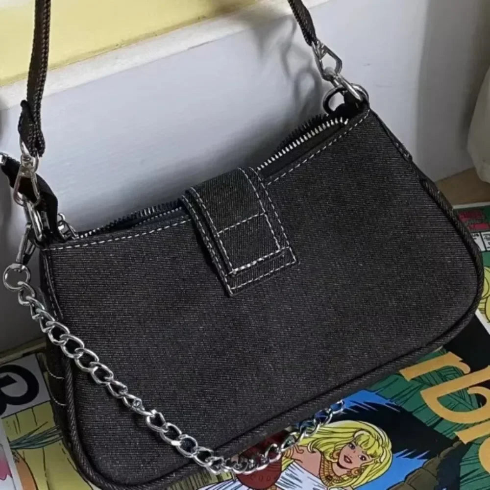 Y2K Fashion Women’s Shoulder Bag – Trendy Star Pattern Canvas Underarm Bag with Chain Strap, Cute Mini Tote Purse for Girls