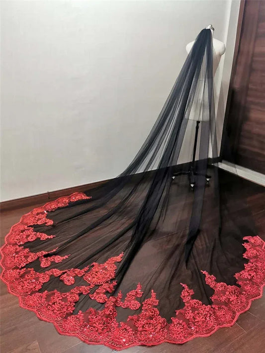 Wedding Veil Black Tulle Red Lace One Layer Long Bridal Veil with Comb - SpyTrendz