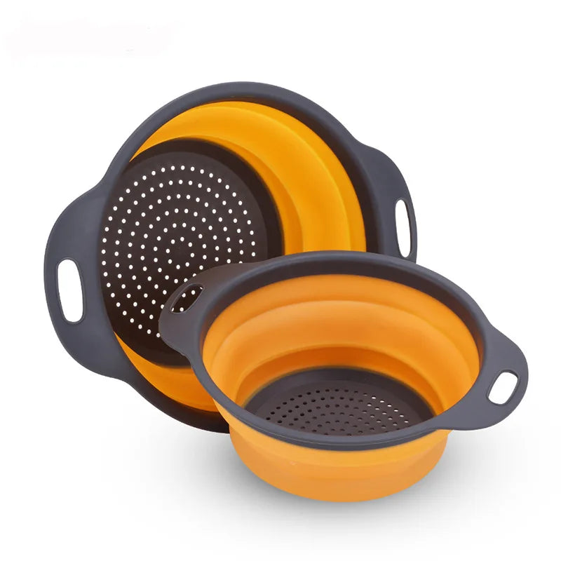 Foldable Kitchen Drain Basket – Collapsible Vegetable & Fruit Washing Colander | Eco-Friendly Strainer in Red, Orange, Green (S/L Sizes)