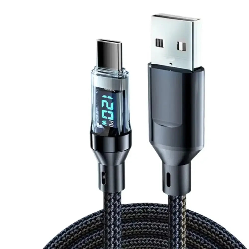 120W Fast Charging USB-C & USB-A Cable with LED Display – Braided Super Charge Cord