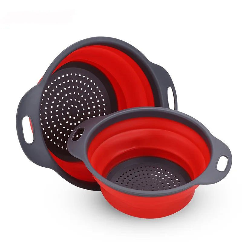 Foldable Kitchen Drain Basket – Collapsible Vegetable & Fruit Washing Colander | Eco-Friendly Strainer in Red, Orange, Green (S/L Sizes)