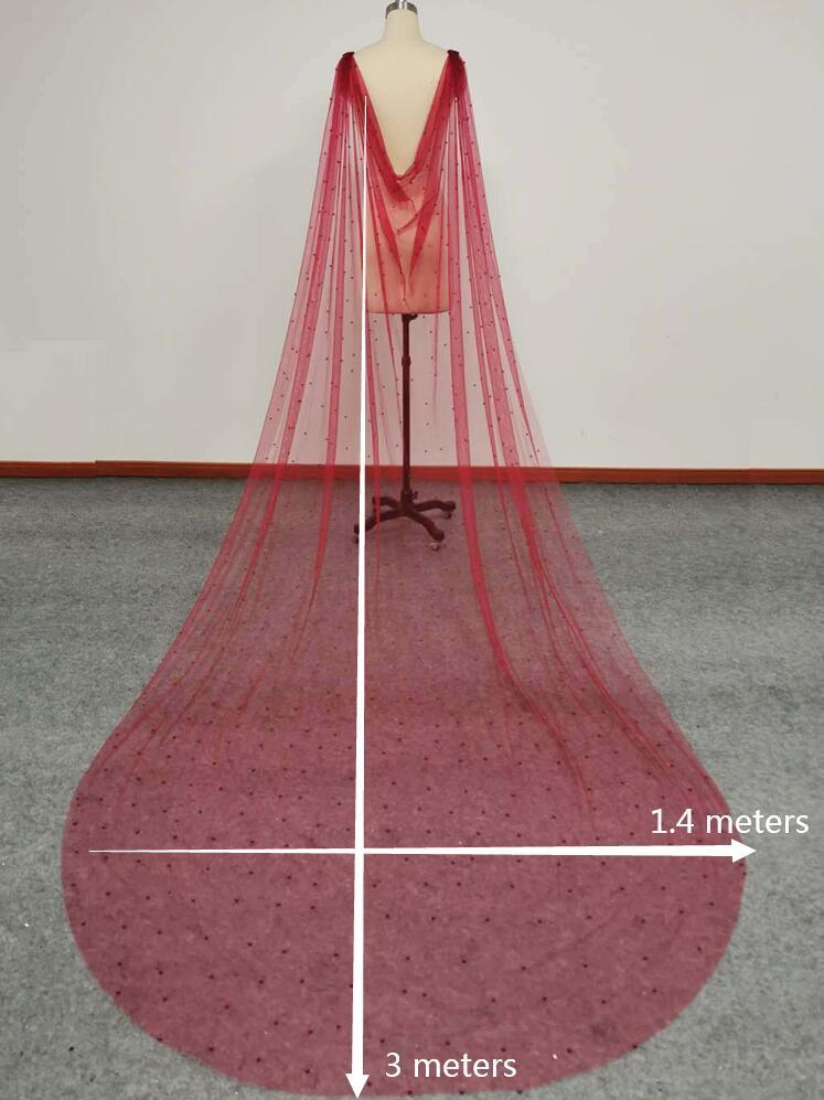 Burgundy Pearls Wedding Cape with Pins, Long Pearls Veil - SpyTrendz
