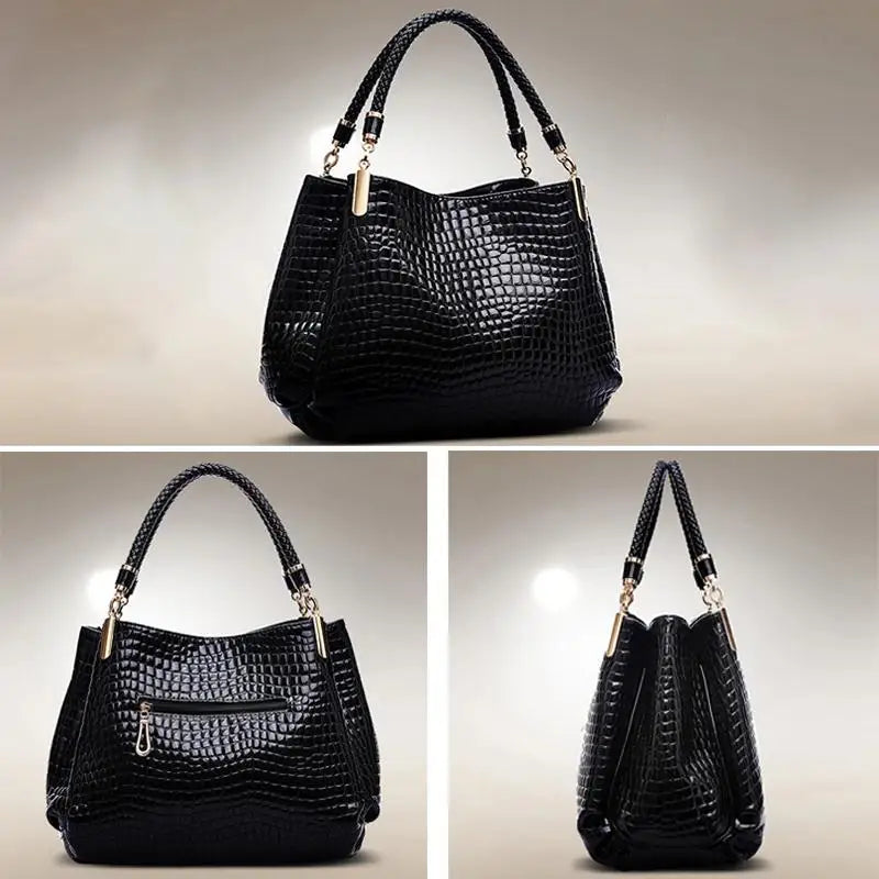 Large Capacity Crocodile Print Tote Bag – Fashionable PU Leather Bucket Shoulder Handbag | Spacious Zipper Closure Daily Commute & Shopping Bag