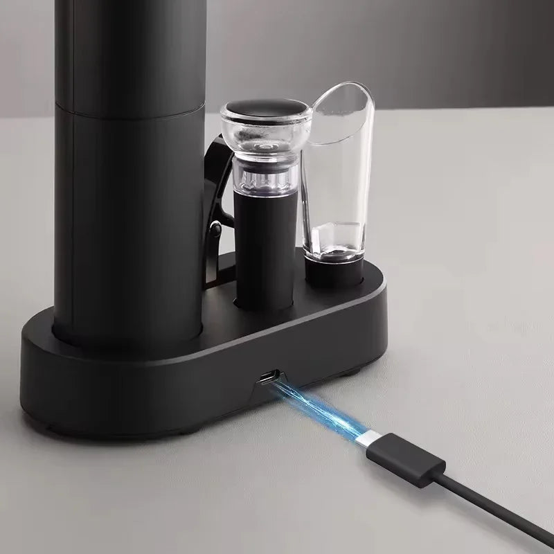 Rechargeable Electric Wine Bottle Opener Set with Foil Cutter, Pourer & Vacuum Stopper – Stainless Steel Automatic Corkscrew with Charging Base