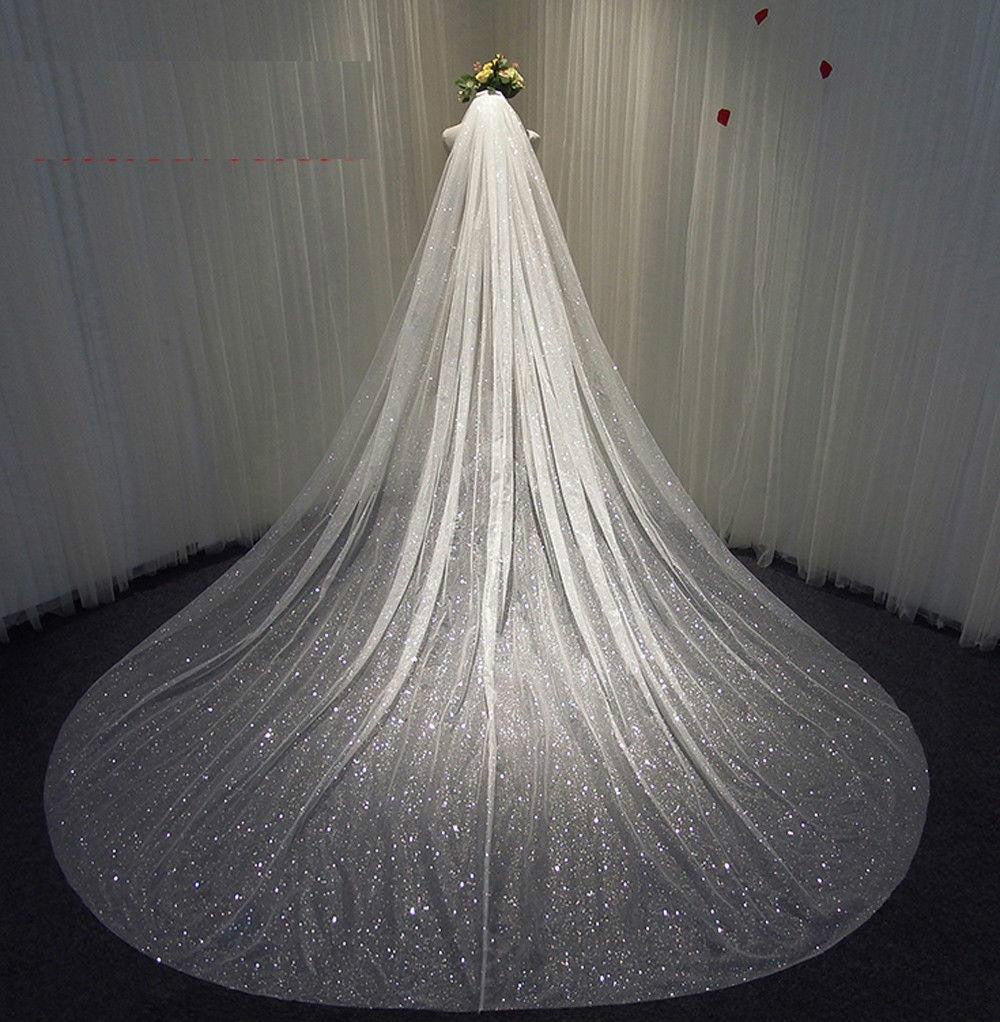 Bridal Veils Sparkly White Champagne Long Cathedral Glitter Wedding Veil With Comb