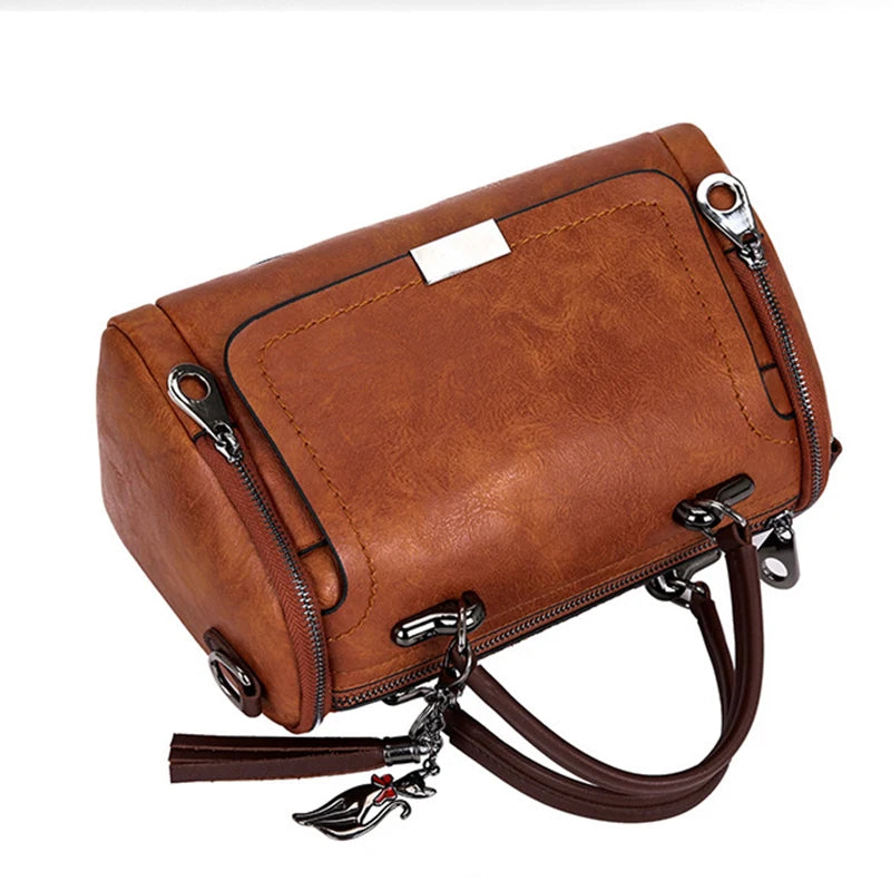 Tassel Decor Women’s Large Capacity PU Leather Shoulder & Crossbody Bag – Fashion Boston Handbag with Zipper and Removable Strap