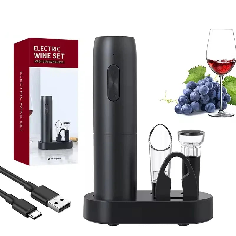 Rechargeable Electric Wine Bottle Opener Set with Foil Cutter, Pourer & Vacuum Stopper – Stainless Steel Automatic Corkscrew with Charging Base