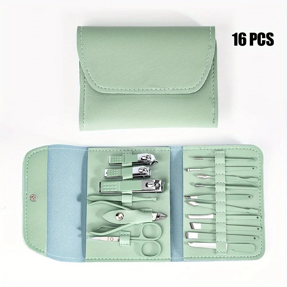 16pcs Professional Manicure & Pedicure Set – Stainless Steel Nail Clippers, Cuticle Nippers & Grooming Tools with Travel Case