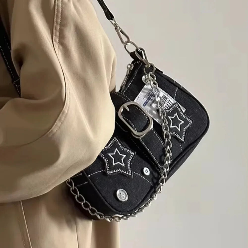 Y2K Fashion Women’s Shoulder Bag – Trendy Star Pattern Canvas Underarm Bag with Chain Strap, Cute Mini Tote Purse for Girls