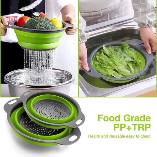 Foldable Kitchen Drain Basket – Collapsible Vegetable & Fruit Washing Colander | Eco-Friendly Strainer in Red, Orange, Green (S/L Sizes) - SpyTrendz