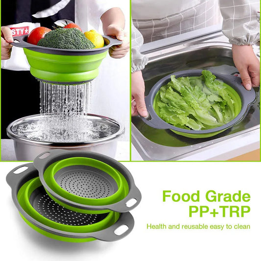Foldable Kitchen Drain Basket – Collapsible Vegetable & Fruit Washing Colander | Eco-Friendly Strainer in Red, Orange, Green (S/L Sizes)