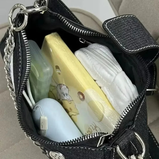 Y2K Fashion Women’s Shoulder Bag – Trendy Star Pattern Canvas Underarm Bag with Chain Strap, Cute Mini Tote Purse for Girls