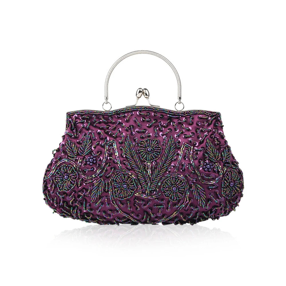 Retro Beaded Evening Clutch – Floral Sequin Baguette Purse with Kissing Lock | Vintage-Inspired Wedding & Party Handbag