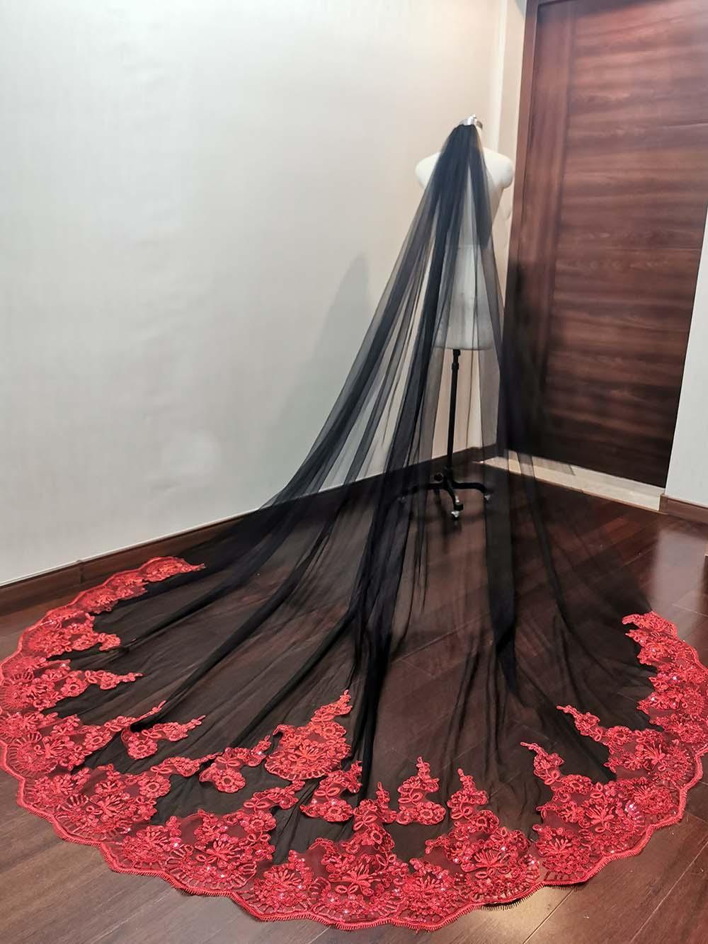 Wedding Veil Black Tulle Red Lace One Layer Long Bridal Veil with Comb - SpyTrendz