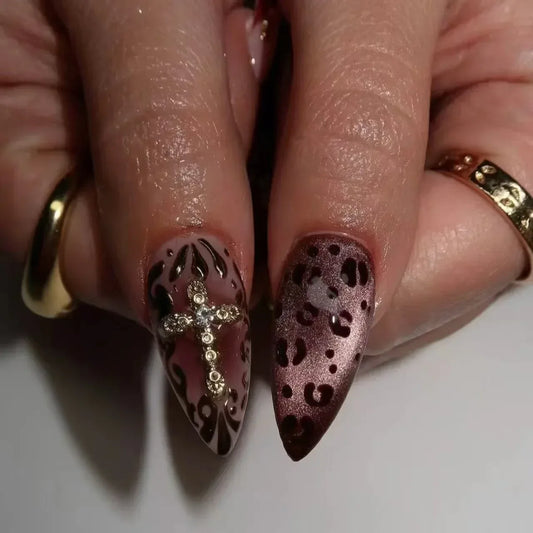 24 Pcs 3D Leopard Press On Nails – Medium Almond Acrylic Fake Nails with Polka Dot & Embossed Flower Design, Reusable Glue On Nails for Women