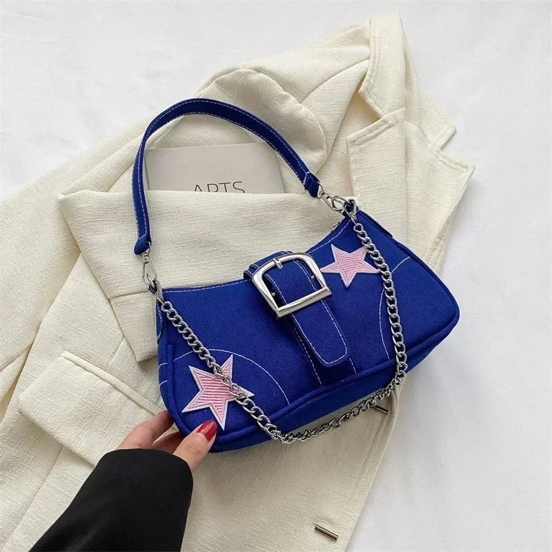 Y2K Fashion Women’s Shoulder Bag – Trendy Star Pattern Canvas Underarm Bag with Chain Strap, Cute Mini Tote Purse for Girls