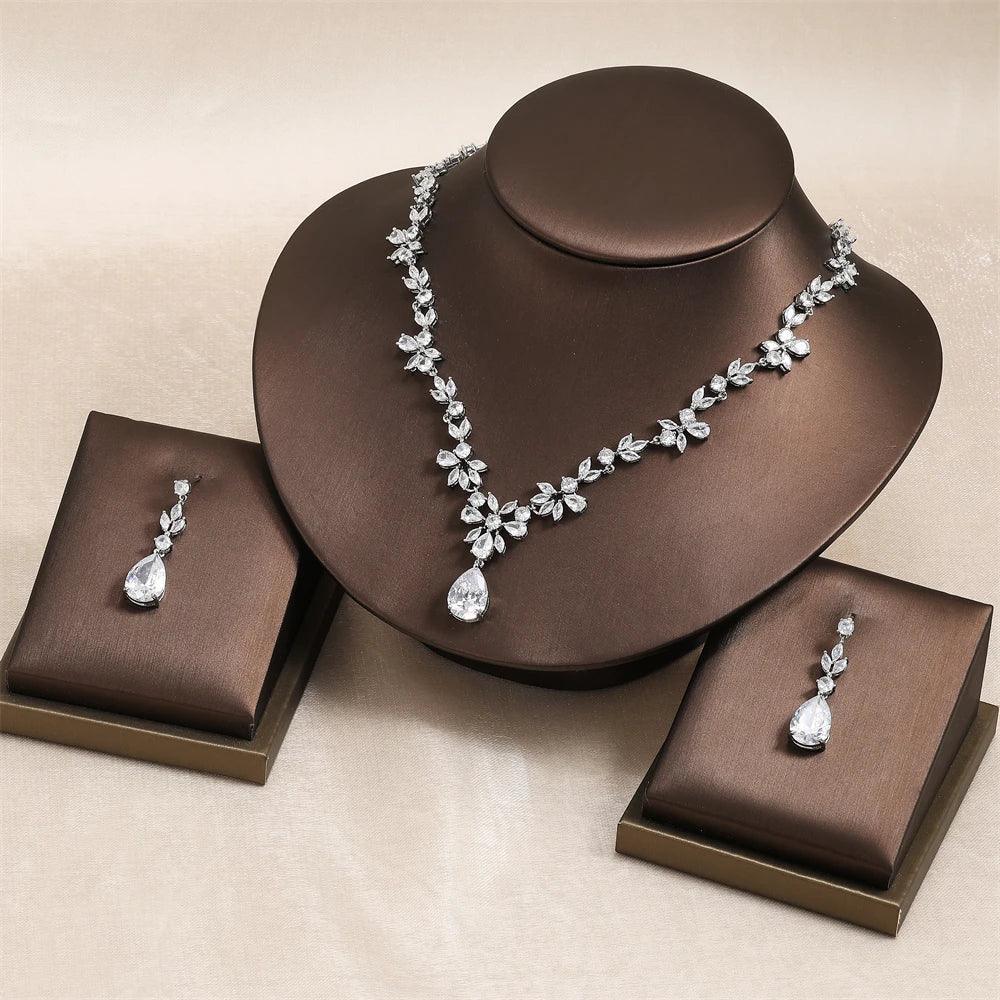 Water Drop Cubic Zirconia Jewelry Set – Romantic Necklace & Earrings for Women | Fashion Bridal Gift in Copper with CZ Sparkle - SpyTrendz