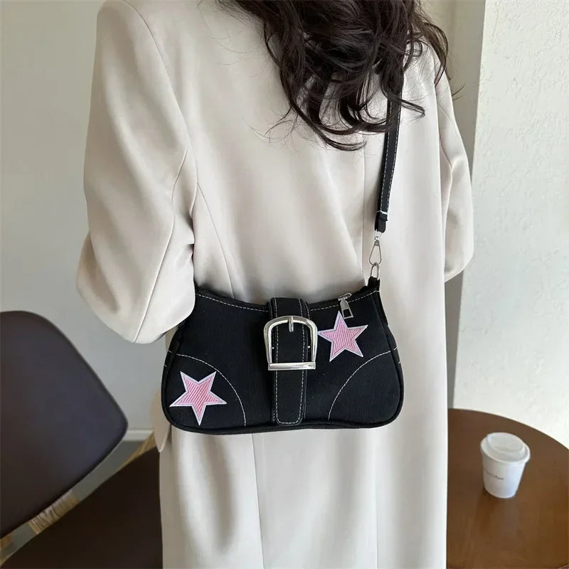 Y2K Fashion Women’s Shoulder Bag – Trendy Star Pattern Canvas Underarm Bag with Chain Strap, Cute Mini Tote Purse for Girls