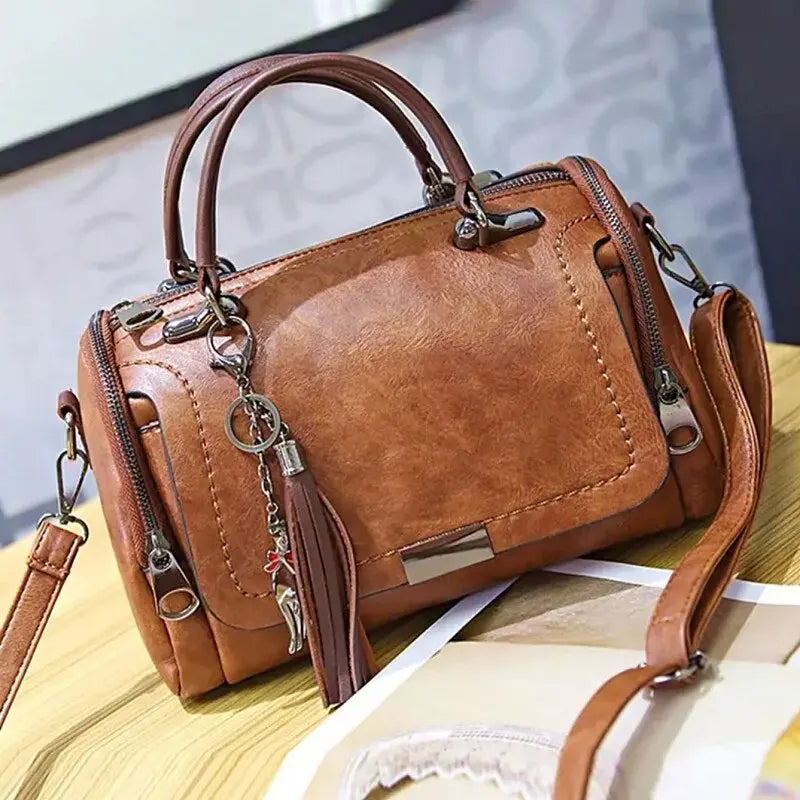 Tassel Decor Women’s Large Capacity PU Leather Shoulder & Crossbody Bag – Fashion Boston Handbag with Zipper and Removable Strap