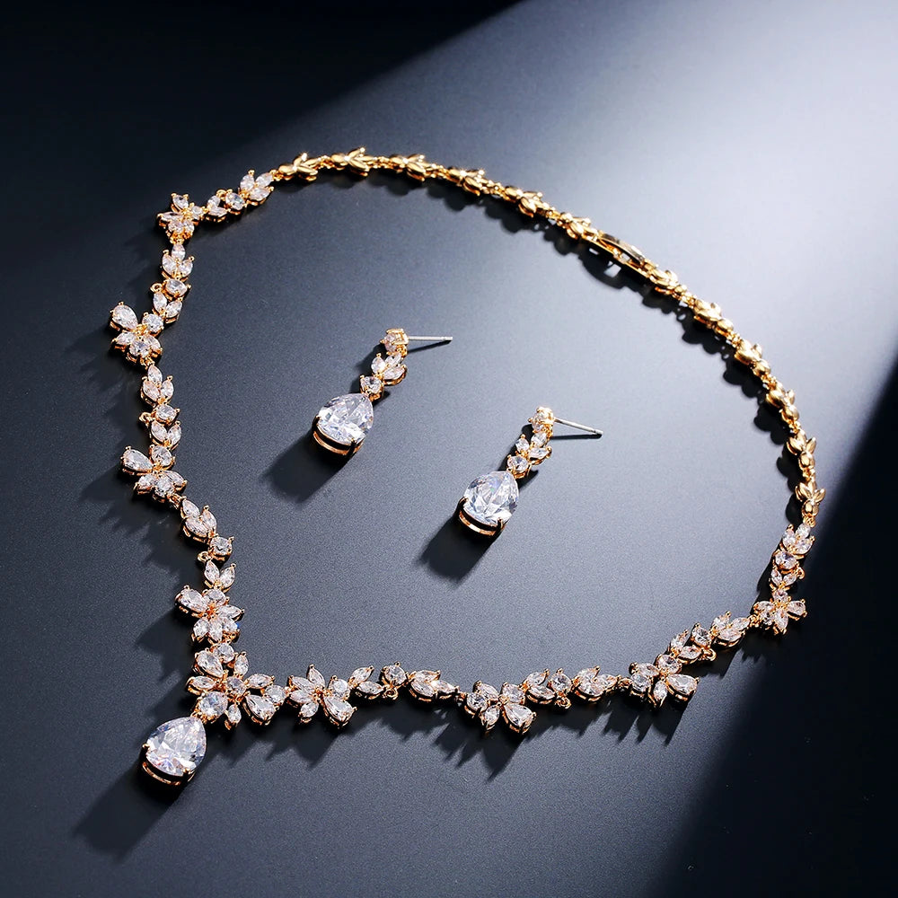 Water Drop Cubic Zirconia Jewelry Set – Romantic Necklace & Earrings for Women | Fashion Bridal Gift in Copper with CZ Sparkle