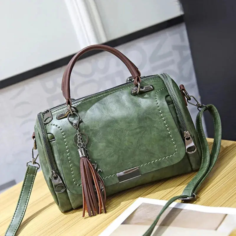 Tassel Decor Women’s Large Capacity PU Leather Shoulder & Crossbody Bag – Fashion Boston Handbag with Zipper and Removable Strap