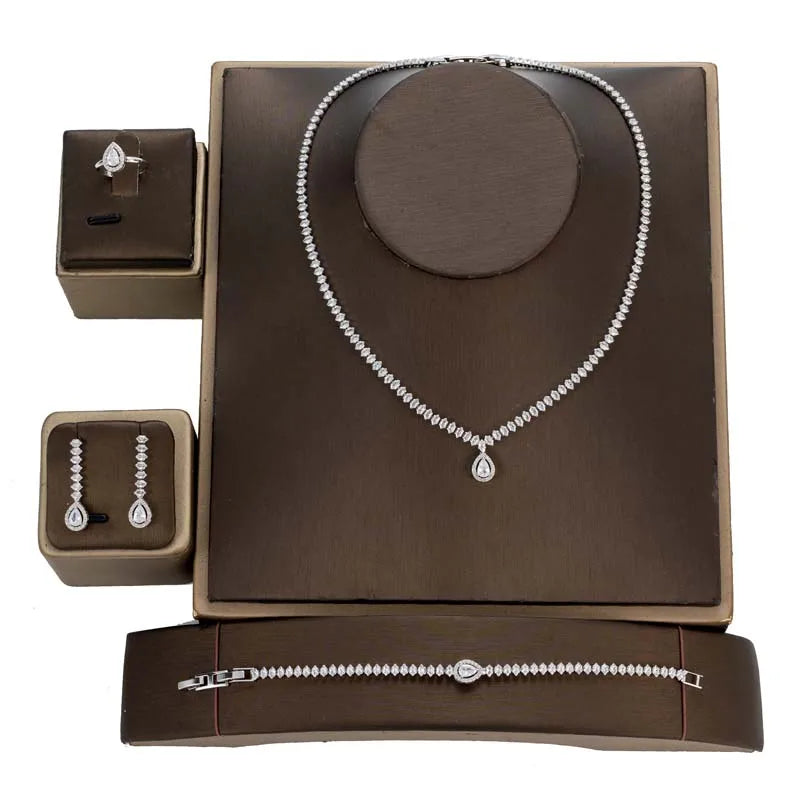 Heart-Shaped Cubic Zirconia Jewelry Set for Women – 4-Piece Copper Necklace, Bracelet, Earrings & Ring Wedding Set