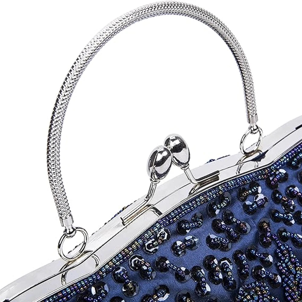 Retro Beaded Evening Clutch – Floral Sequin Baguette Purse with Kissing Lock | Vintage-Inspired Wedding & Party Handbag