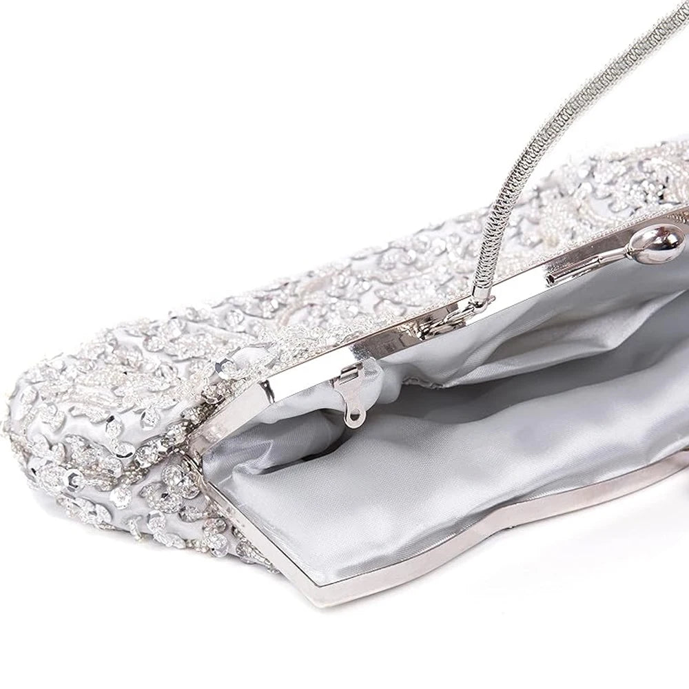 Retro Beaded Evening Clutch – Floral Sequin Baguette Purse with Kissing Lock | Vintage-Inspired Wedding & Party Handbag