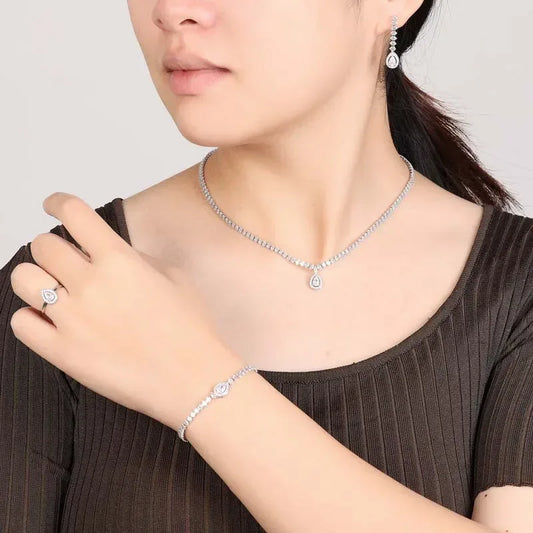 Heart-Shaped Cubic Zirconia Jewelry Set for Women – 4-Piece Copper Necklace, Bracelet, Earrings & Ring Wedding Set - SpyTrendz