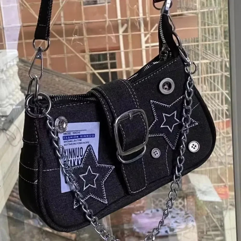Y2K Fashion Women’s Shoulder Bag – Trendy Star Pattern Canvas Underarm Bag with Chain Strap, Cute Mini Tote Purse for Girls
