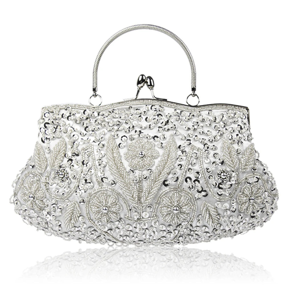 Retro Beaded Evening Clutch – Floral Sequin Baguette Purse with Kissing Lock | Vintage-Inspired Wedding & Party Handbag