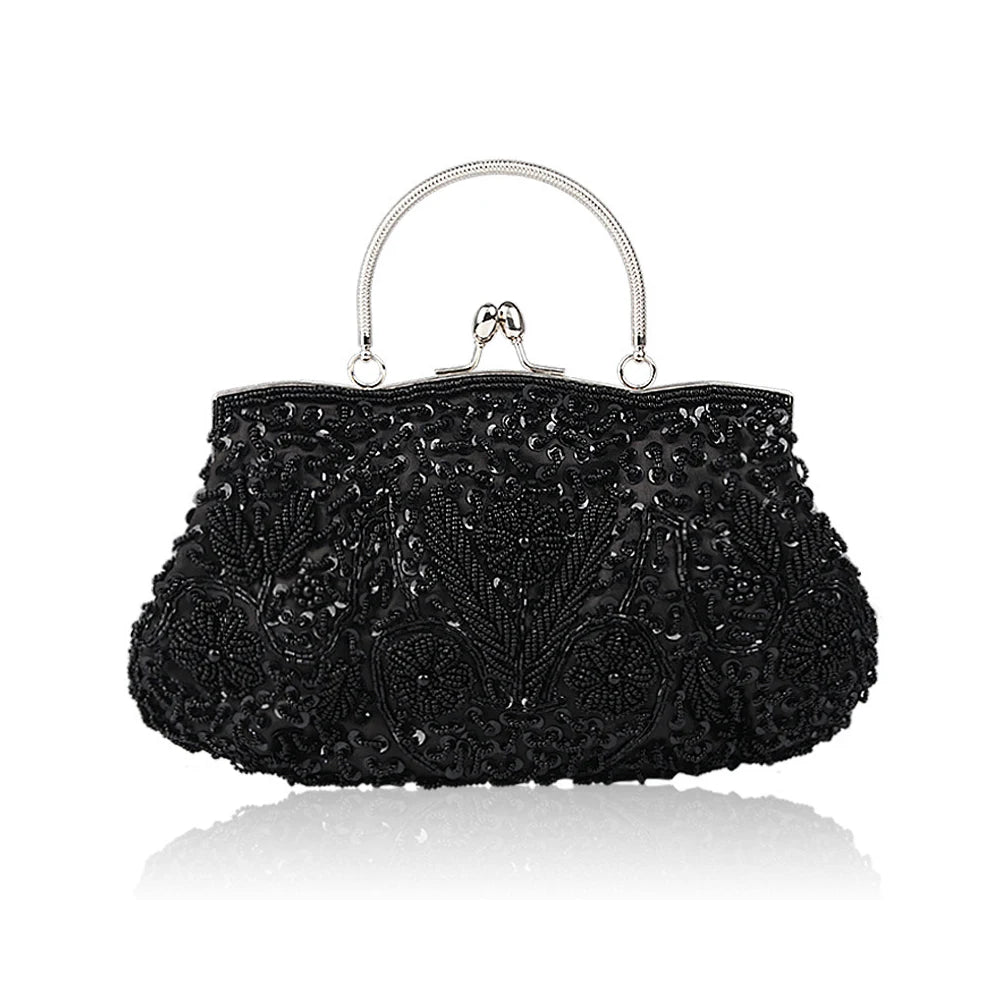 Retro Beaded Evening Clutch – Floral Sequin Baguette Purse with Kissing Lock | Vintage-Inspired Wedding & Party Handbag