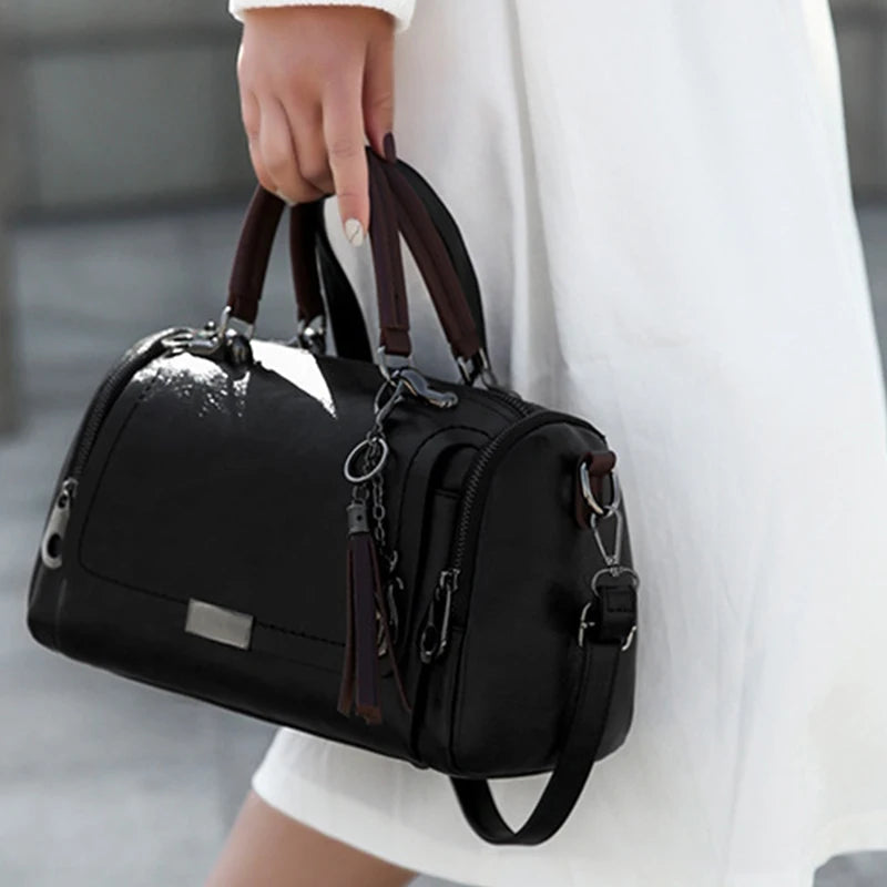Tassel Decor Women’s Large Capacity PU Leather Shoulder & Crossbody Bag – Fashion Boston Handbag with Zipper and Removable Strap
