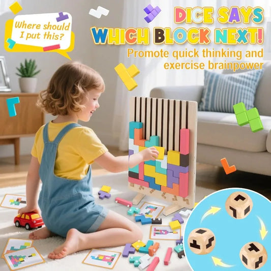 child playing with wooden 3d tetris puzzle to develop logic skills