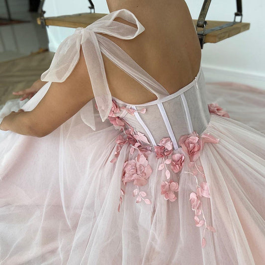 Pink A-Line Flowers Prom Dress