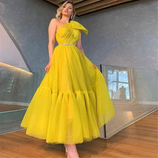 Yellow Tulle Short One Shoulder Tea Length Homecoming Dress - SpyTrendz
