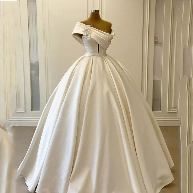 Unique One Shoulder Wedding Dress | Dubai Arabic Satin Wedding Ball Gown For Bride