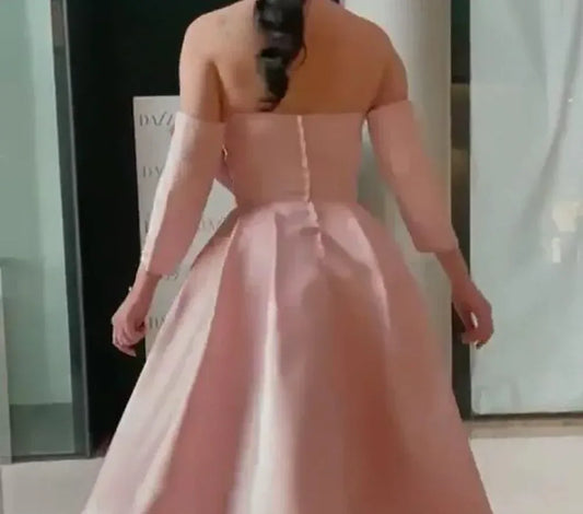 Pink Midi Arabia Half Sleeves Tea-Length Dubai Prom Gown - SpyTrendz