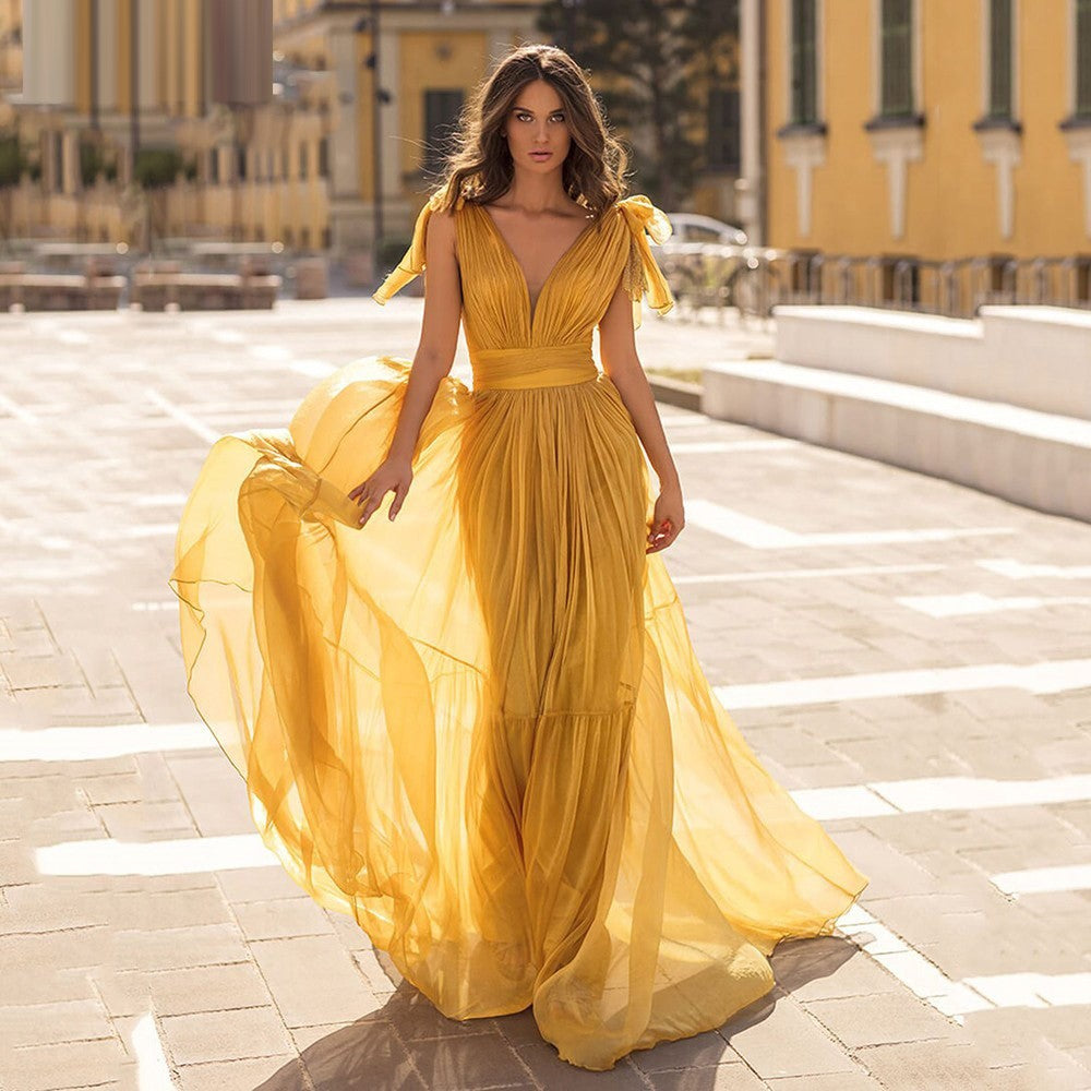 Yellow Chiffon Long Deep V-Neck Backless Floor Length Prom Gown